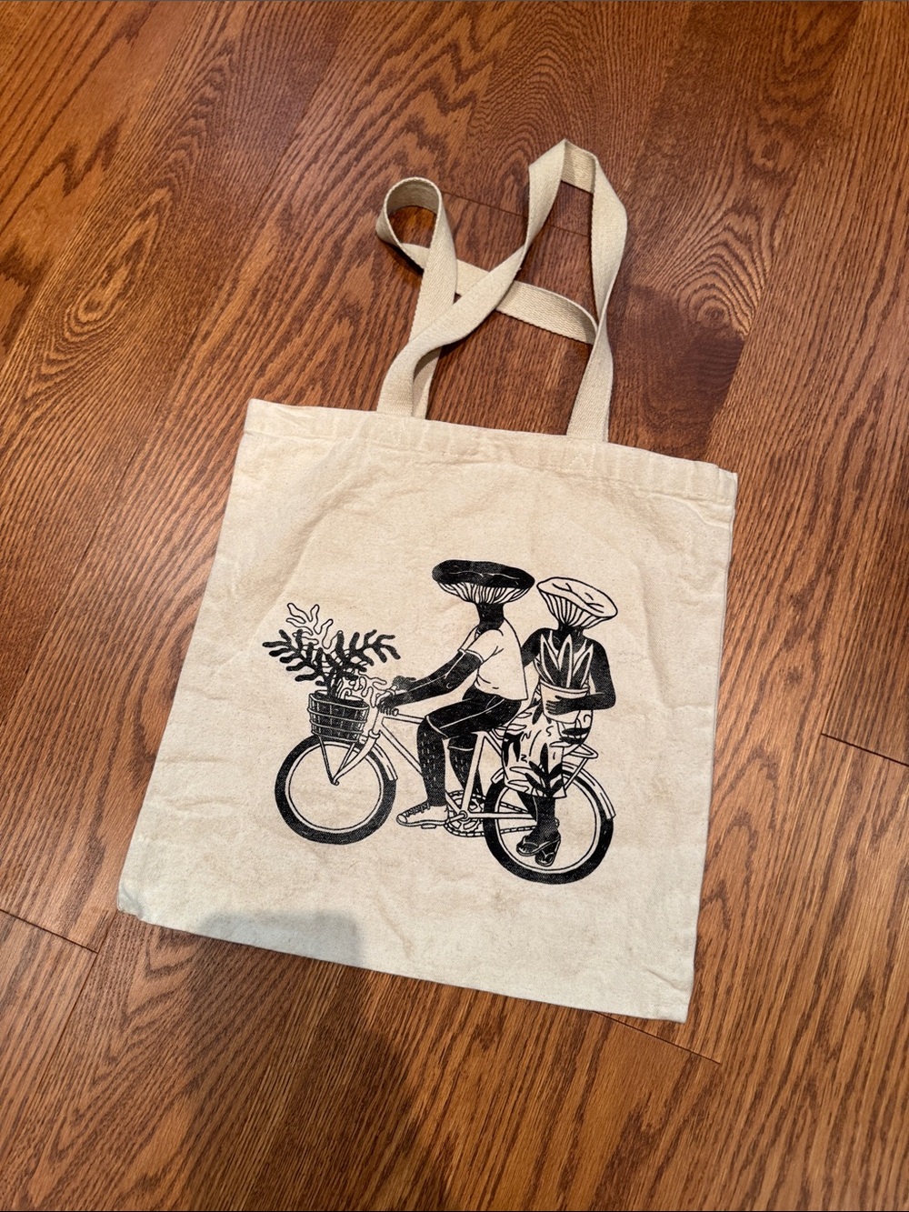 Canvas Tote Bag with Bicycle Mushroom Graphic - Natural/Black